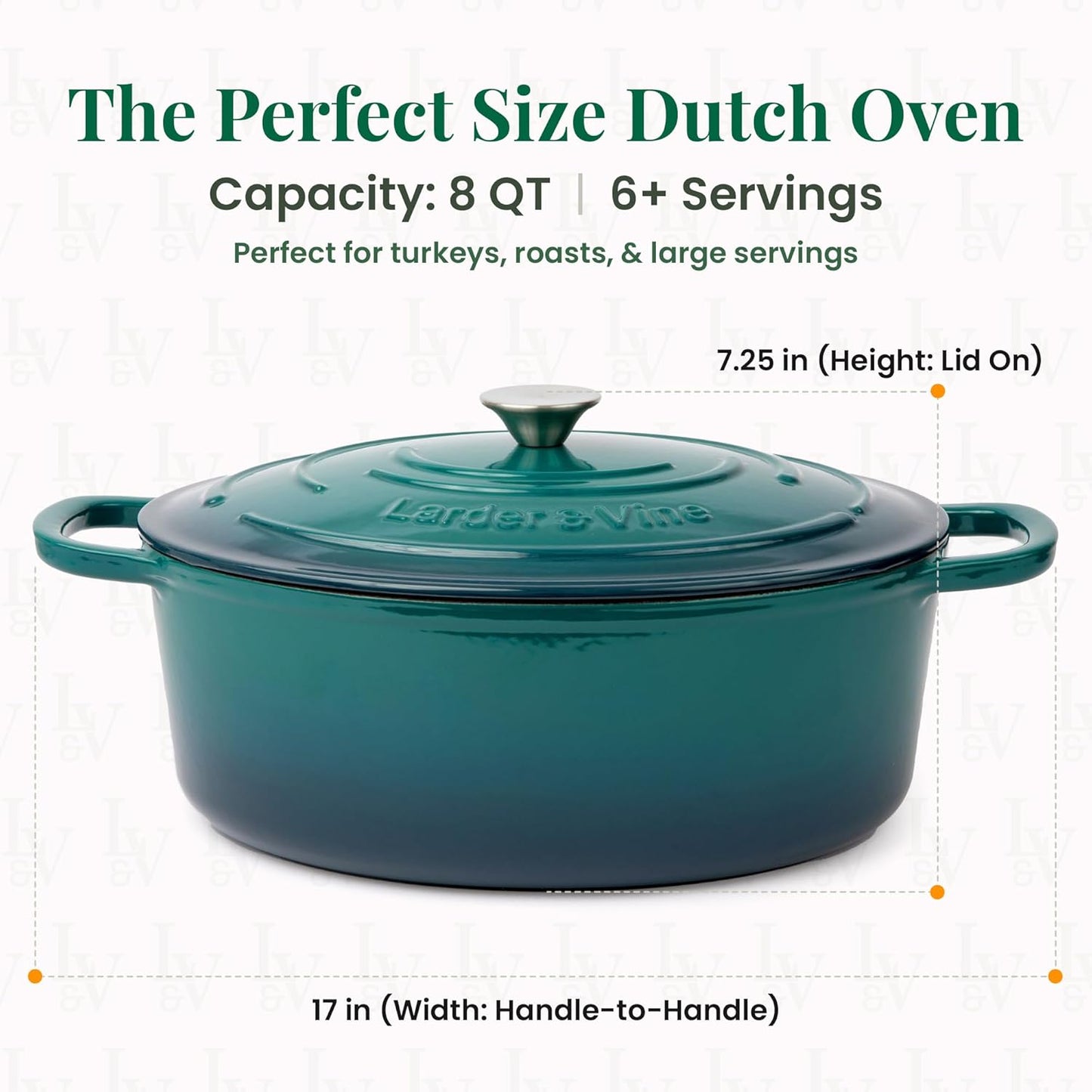 Larder & Vine Enameled Cast Iron Dutch Oven | 8 Qt Bread Baking Pot with Lid | Compatible on All Cooktops & Oven Safe to 500F | Great for Sourdough Bread | Bondi