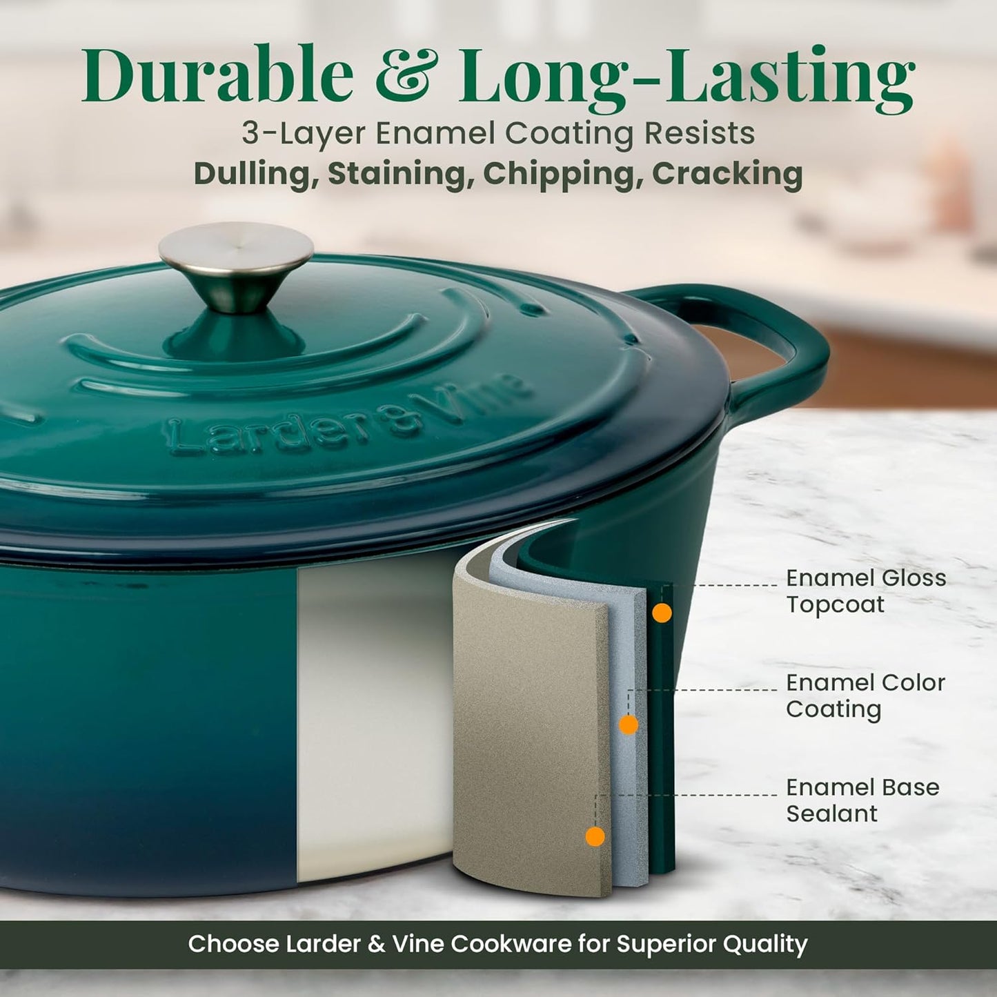 Larder & Vine Enameled Cast Iron Dutch Oven | 8 Qt Bread Baking Pot with Lid | Compatible on All Cooktops & Oven Safe to 500F | Great for Sourdough Bread | Bondi
